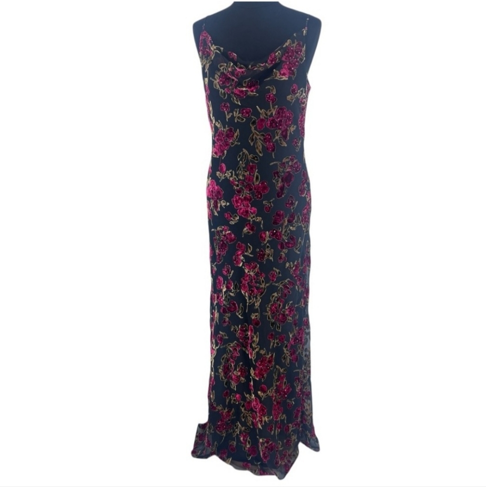 Alex Evenings Long Black Dress WithCrushed Velvet Sequin Floral Pattern. Sz 12